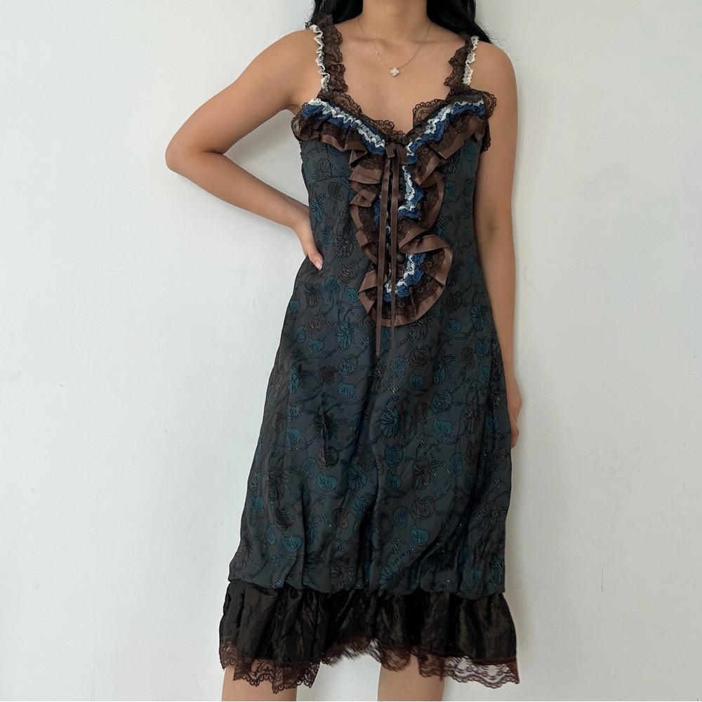 Vintage Barbara Milano Teal and Brown Brocade Jacquard Gothic Lolita Dress - S